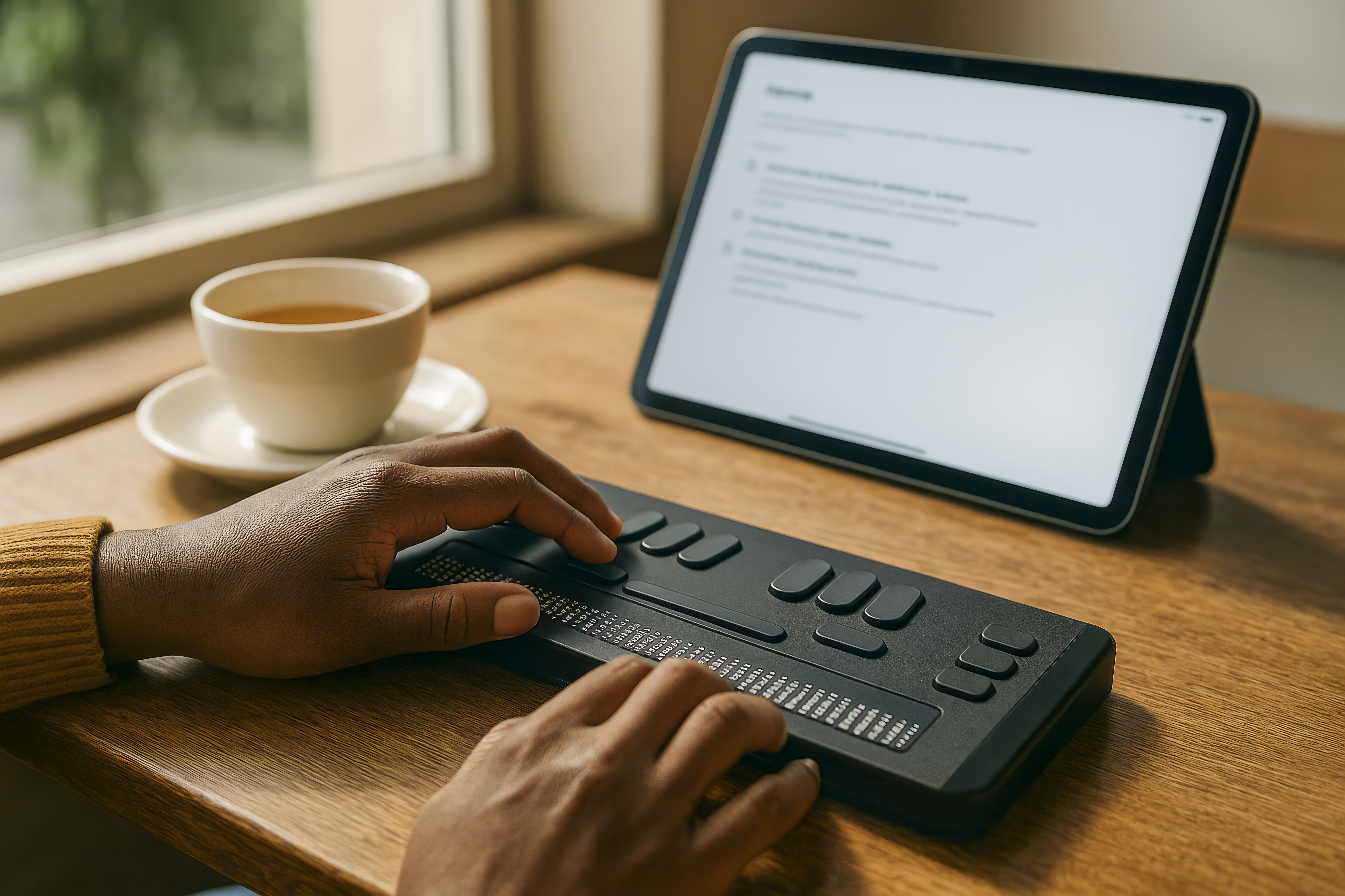 A man sitting at a table with a braille display.